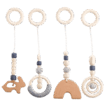 Set of four handmade wooden and crochet baby hanging toys with sensory beads and teething shapes