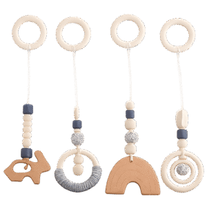 Set of four handmade wooden and crochet baby hanging toys with sensory beads and teething shapes