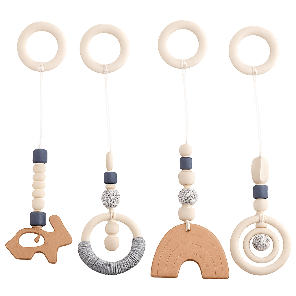 Set of four handmade wooden and crochet baby hanging toys with sensory beads and teething shapes
