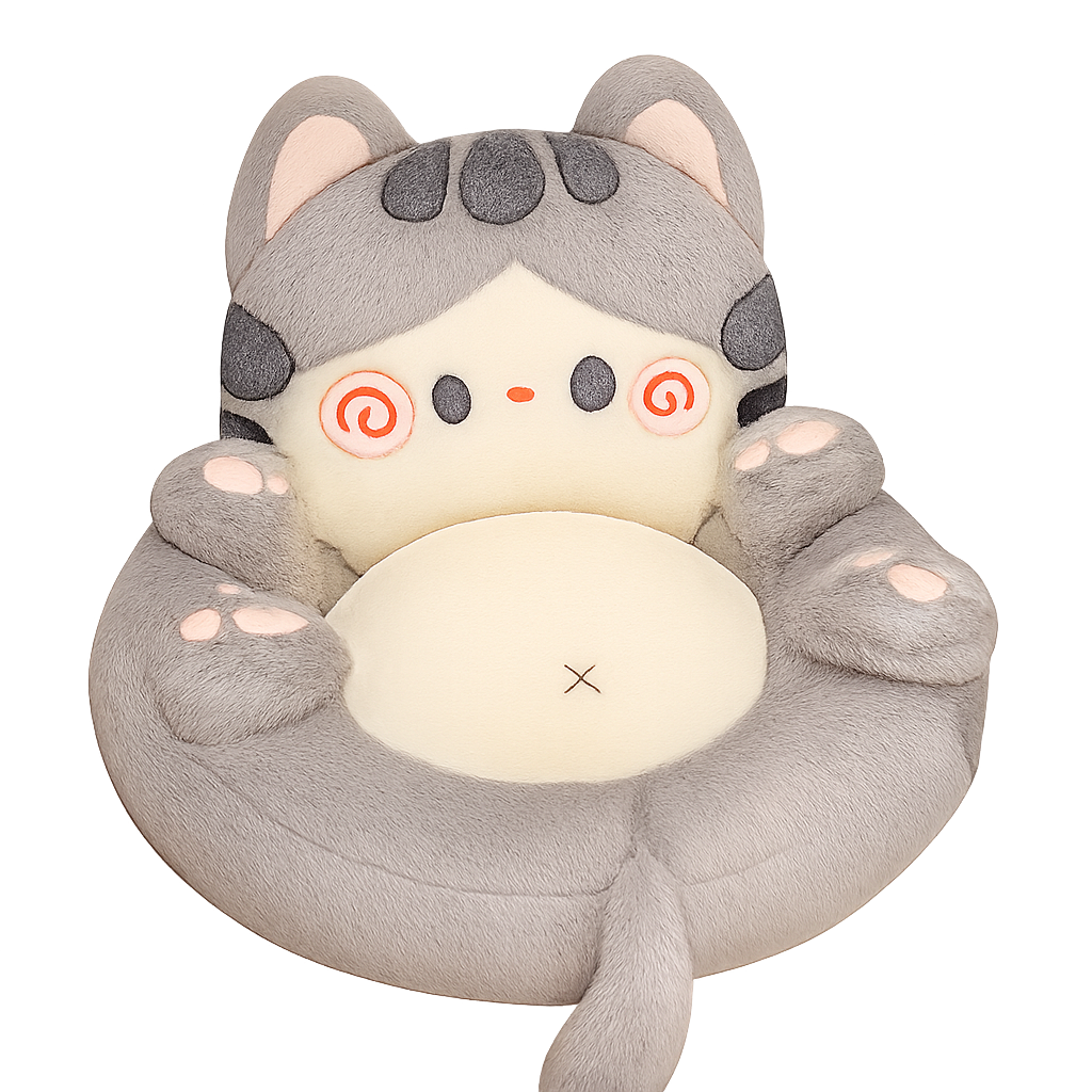 Cartoon-style plush cat cushion with gray body, pink cheeks, curled tail, and cream center pad.