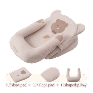 Bear-themed baby lounger set with slope pads and U-shaped pillow for ergonomic infant support.