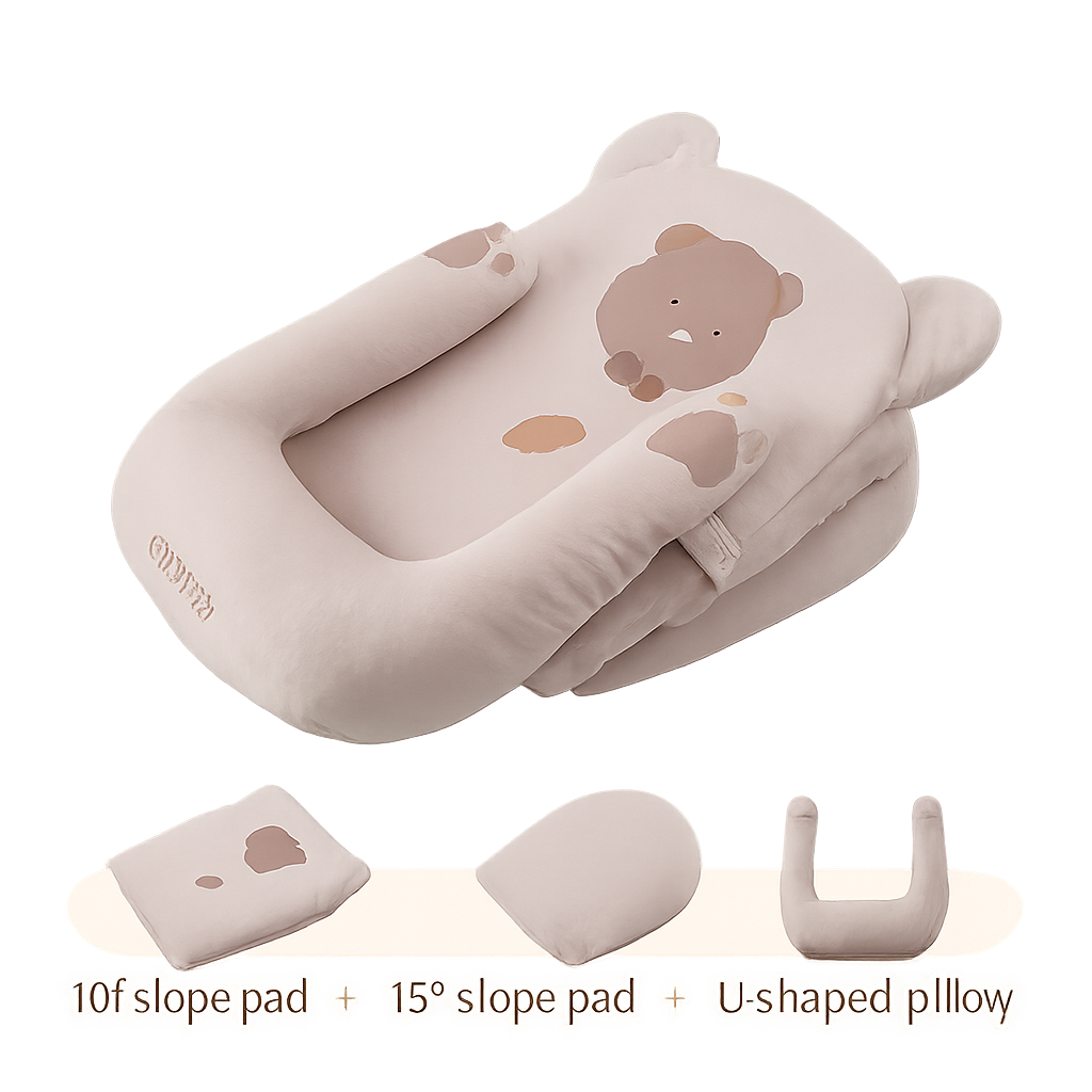 Bear-themed baby lounger set with slope pads and U-shaped pillow for ergonomic infant support.