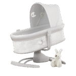 Modern baby bassinet with breathable mesh sides, plush moon and star toys, and a curved rocking base, isolated on a transparent background. Includes a soft white rabbit toy beside the bassinet, ideal for showcasing safe and stylish nursery essentials.