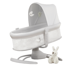 Modern baby bassinet with breathable mesh sides, plush moon and star toys, and a curved rocking base, isolated on a transparent background. Includes a soft white rabbit toy beside the bassinet, ideal for showcasing safe and stylish nursery essentials.