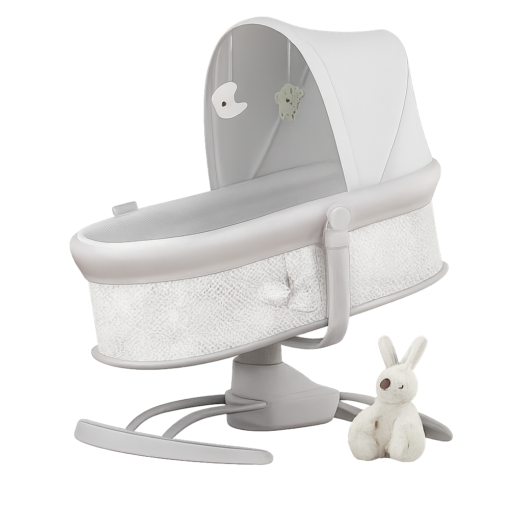 Modern baby bassinet with breathable mesh sides, plush moon and star toys, and a curved rocking base, isolated on a transparent background. Includes a soft white rabbit toy beside the bassinet, ideal for showcasing safe and stylish nursery essentials.