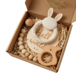 Curated baby gift box featuring a cream-colored bunny teething ring, wooden pacifier clip, bear-shaped wooden teether, and a round 'Hello world' plaque, arranged on shredded filler with decorative greenery. Isolated on a transparent background for clean, professional presentation.