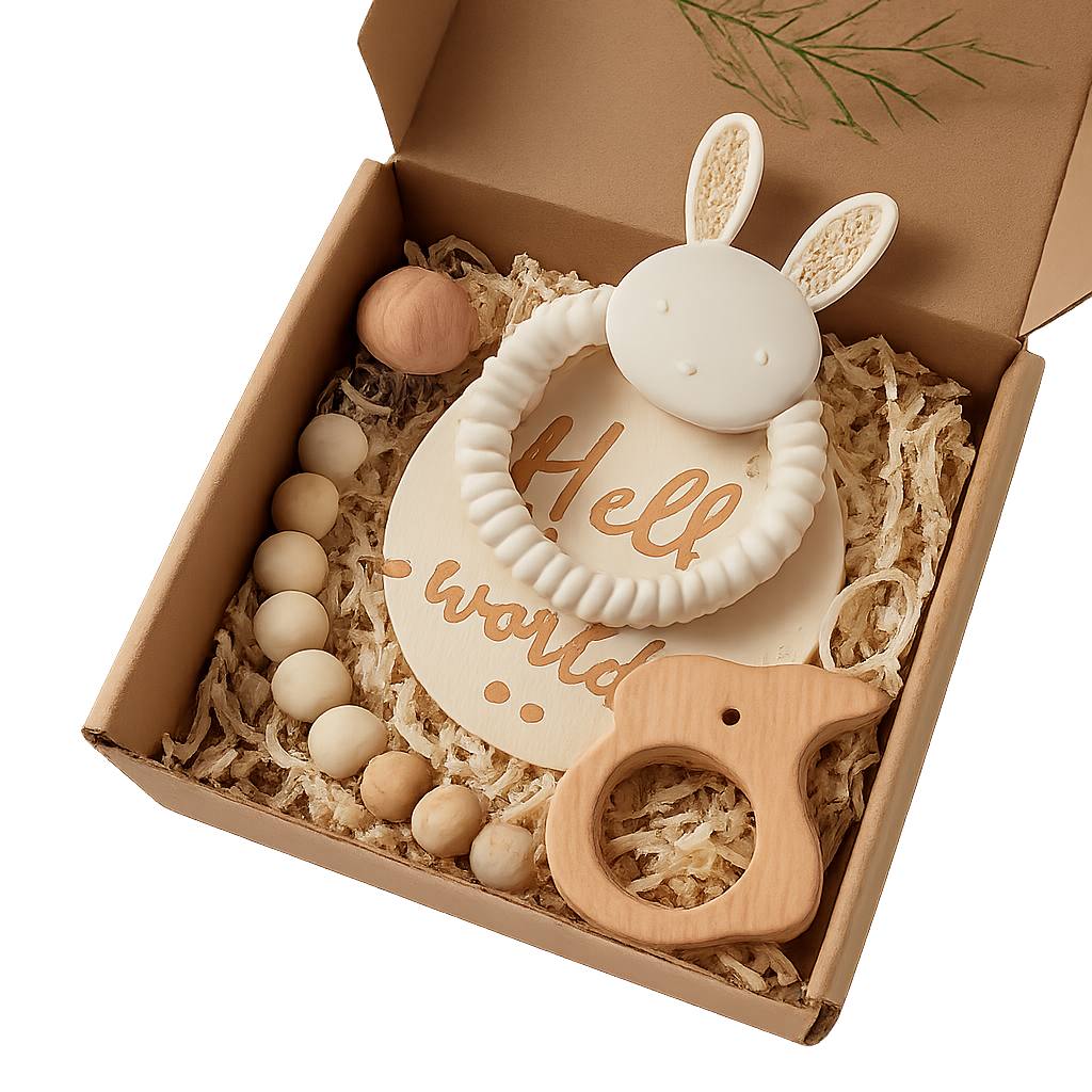 Curated baby gift box featuring a cream-colored bunny teething ring, wooden pacifier clip, bear-shaped wooden teether, and a round 'Hello world' plaque, arranged on shredded filler with decorative greenery. Isolated on a transparent background for clean, professional presentation.