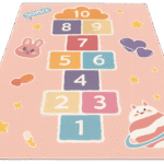 Children’s pastel hopscotch rug featuring numbered squares from 1 to 10, surrounded by playful illustrations including a bunny, hearts, stars, and a striped planet character. Isolated on a transparent background for clean, vibrant presentation.