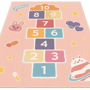 Children’s pastel hopscotch rug featuring numbered squares from 1 to 10, surrounded by playful illustrations including a bunny, hearts, stars, and a striped planet character. Isolated on a transparent background for clean, vibrant presentation.