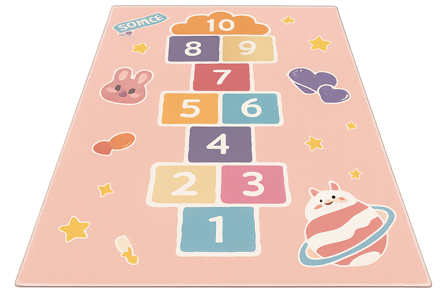 Children’s pastel hopscotch rug featuring numbered squares from 1 to 10, surrounded by playful illustrations including a bunny, hearts, stars, and a striped planet character. Isolated on a transparent background for clean, vibrant presentation.