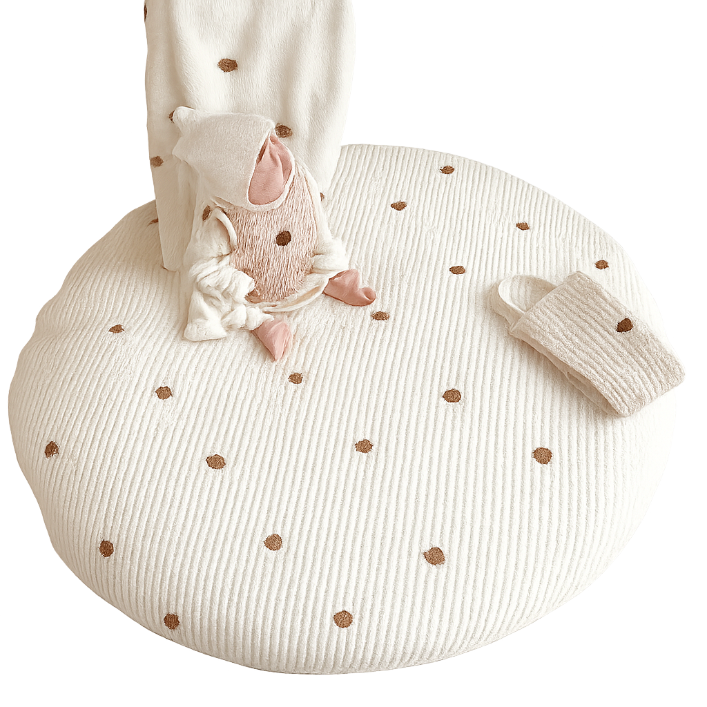 Baby sitting on a round cream-colored padded mat with small brown bear faces, dressed in a cozy bear-themed outfit including a white hat with bear ears, beige vest, and matching white clothing. A coordinating blanket is draped over a beige sofa behind the baby, with a knitted bear-face pillow placed nearby. Isolated on a transparent background for clean, stylish presentation