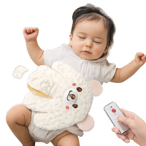 Sleeping baby lying on a soft surface with a plush bear-shaped heating pad placed on the abdomen, accompanied by a hand holding a remote control device. The heating pad features a smiling bear face and rounded paws, designed for gentle warmth and digestive comfort. Isolated on a transparent background for clean, professional presentation