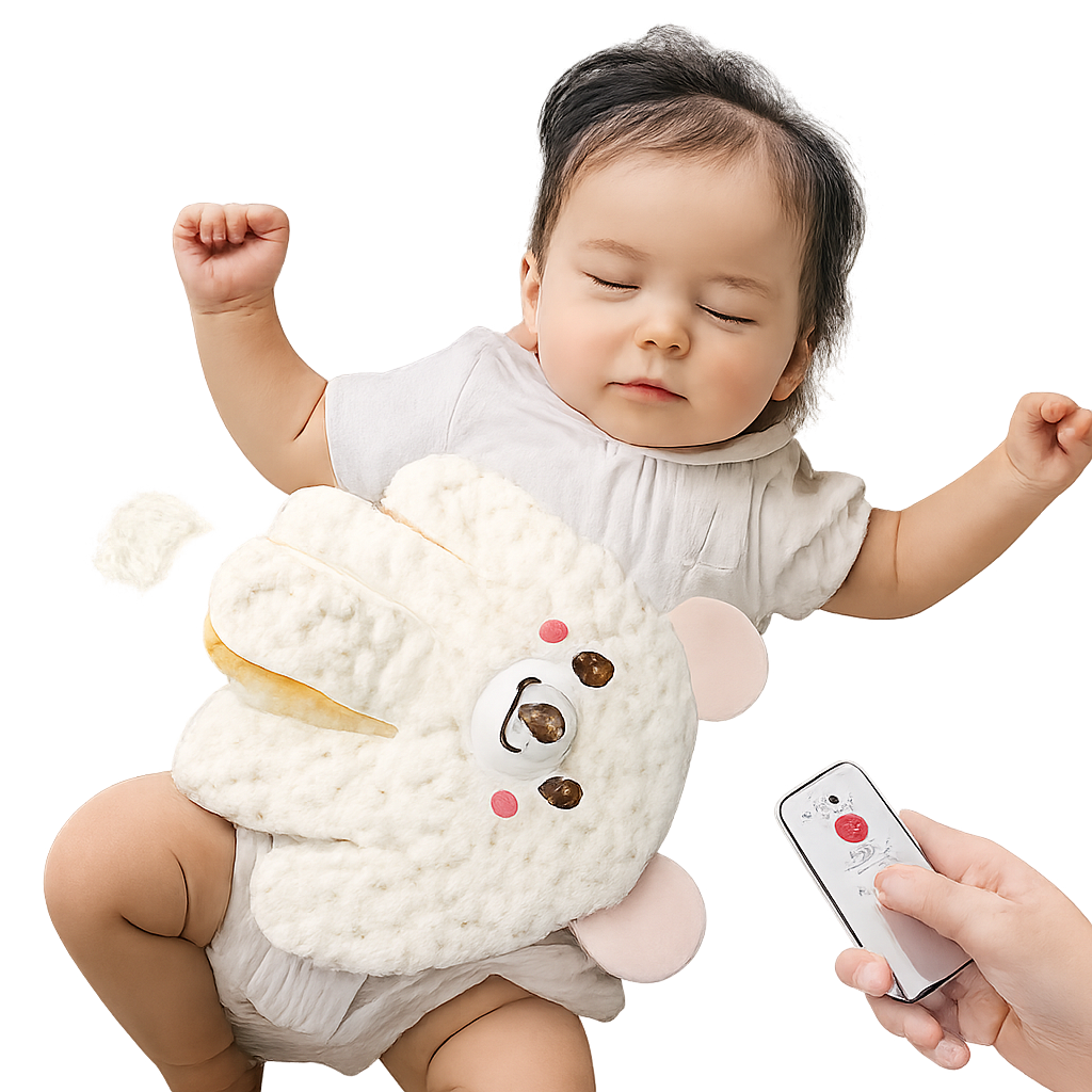 Sleeping baby lying on a soft surface with a plush bear-shaped heating pad placed on the abdomen, accompanied by a hand holding a remote control device. The heating pad features a smiling bear face and rounded paws, designed for gentle warmth and digestive comfort. Isolated on a transparent background for clean, professional presentation