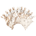 Fan-like arrangement of eight plush bunny comfort blankets, each with embroidered bunny faces and long ears, made from assorted soft fabrics featuring floral, polka dot, and animal print patterns. Isolated on a transparent background for clean, professional presentation