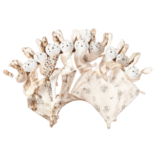 Fan-like arrangement of eight plush bunny comfort blankets, each with embroidered bunny faces and long ears, made from assorted soft fabrics featuring floral, polka dot, and animal print patterns. Isolated on a transparent background for clean, professional presentation