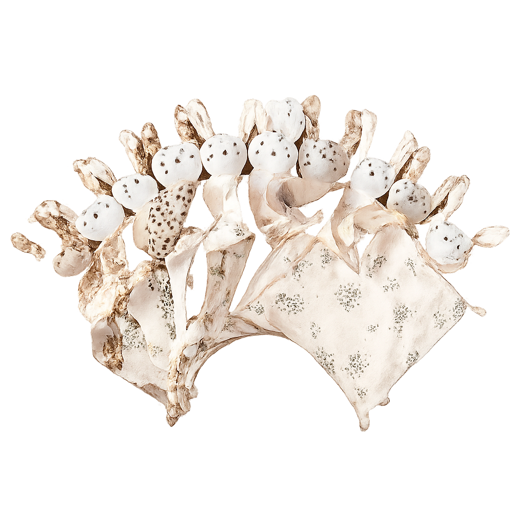 Fan-like arrangement of eight plush bunny comfort blankets, each with embroidered bunny faces and long ears, made from assorted soft fabrics featuring floral, polka dot, and animal print patterns. Isolated on a transparent background for clean, professional presentation