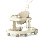 Cream-colored baby walker with padded seat, interactive play tray, and push handle on a transparent background
