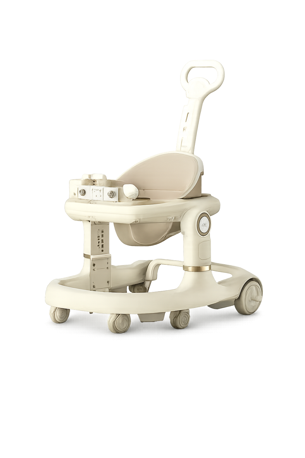 Cream-colored baby walker with padded seat, interactive play tray, and push handle on a transparent background