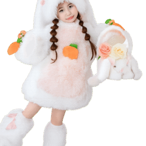 Young child dressed in a pastel bunny-themed outfit featuring a white and pink fluffy dress with a peach design, a hood with bunny ears, and matching leg warmers and mittens. Standing on a white bench with floral bedding, beside a white basket adorned with plush flowers and bunny ears. Isolated on a transparent background for clean, charming presentation.