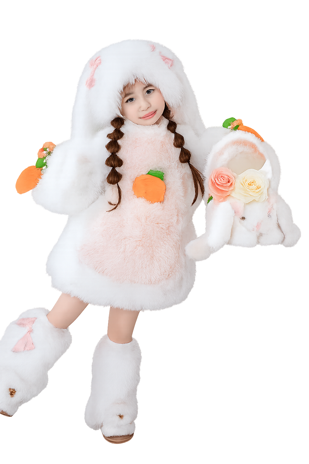Young child dressed in a pastel bunny-themed outfit featuring a white and pink fluffy dress with a peach design, a hood with bunny ears, and matching leg warmers and mittens. Standing on a white bench with floral bedding, beside a white basket adorned with plush flowers and bunny ears. Isolated on a transparent background for clean, charming presentation.