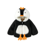 Plush penguin-themed children's hooded jacket with white belly, orange beak and crest, and attached orange feet, isolated on a transparent background.