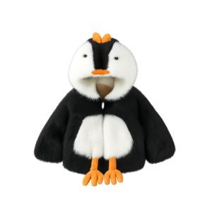 Plush penguin-themed children's hooded jacket with white belly, orange beak and crest, and attached orange feet, isolated on a transparent background.