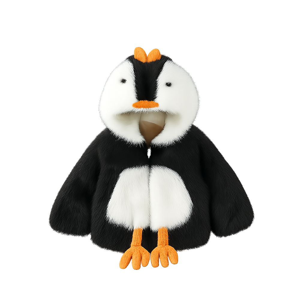 Plush penguin-themed children's hooded jacket with white belly, orange beak and crest, and attached orange feet, isolated on a transparent background.